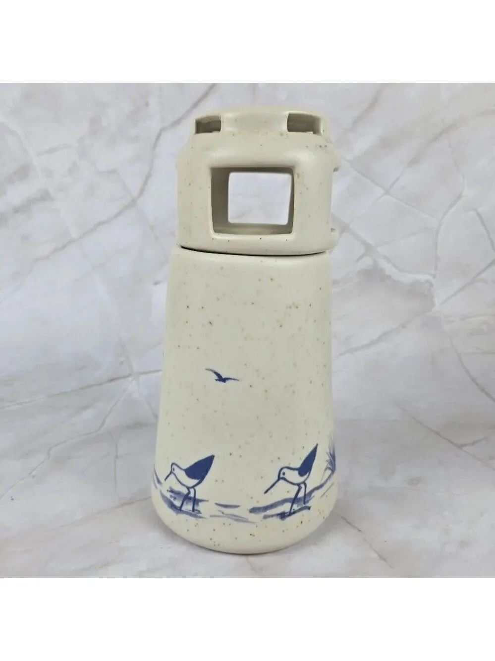 Vintage Sanibel Pottery 1984 Lighthouse Candle Holder Seabirds Cream Blue